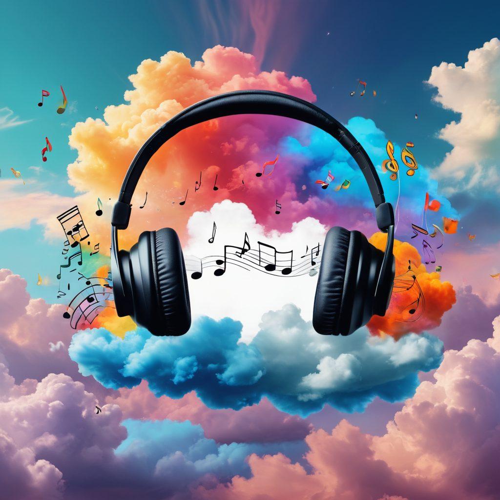 A vibrant collage of various music symbols such as notes, headphones, and soundwaves, floating in a whimsical cloud representing different moods like happiness, sadness, and excitement. Each mood cloud is colored differently, showcasing a spectrum of emotions. In the background, a Spotify interface displays personalized playlists in a sleek design. Bright colors and an engaging, modern style enhance the inviting feel of music discovery. vibrant colors. modern design. digital art.
