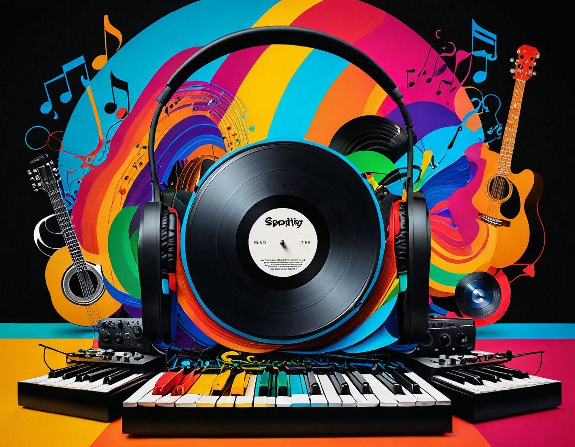 A vibrant collage showcasing a diverse range of musical instruments, vinyl records, and headphones, surrounded by colorful sound waves flowing through the air. In the background, an abstract representation of Spotify's logo intertwined with musical notes and visually striking playlists. The scene should evoke a feeling of exploration and excitement in music discovery. super-realistic. vibrant colors. 3D.