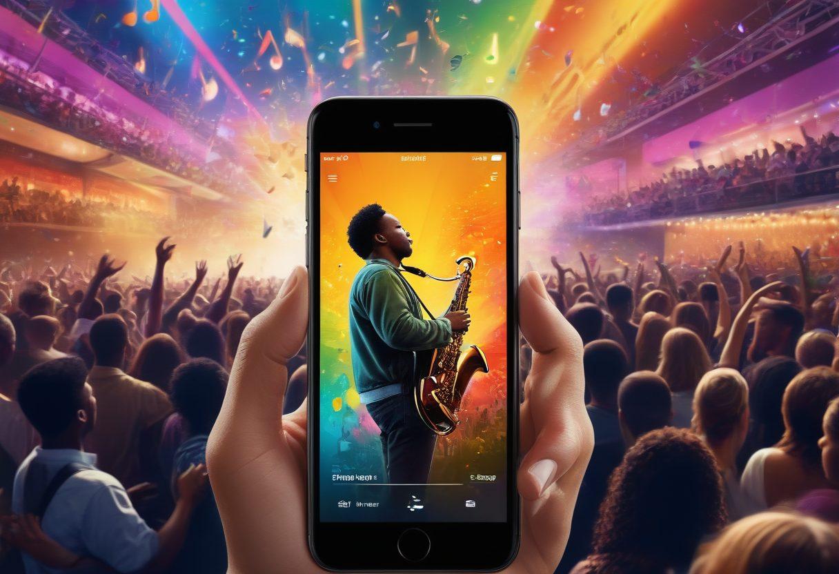 A vibrant digital collage showcasing various music genres, including jazz, rock, hip-hop, and classical, intertwined with illustrations of concert scenes and the Spotify logo. Background filled with colorful sound waves and musical notes. Include a user navigating through a smartphone app with a concert recommendation feature. Emphasize a lively and dynamic atmosphere. super-realistic. vibrant colors. 3D.